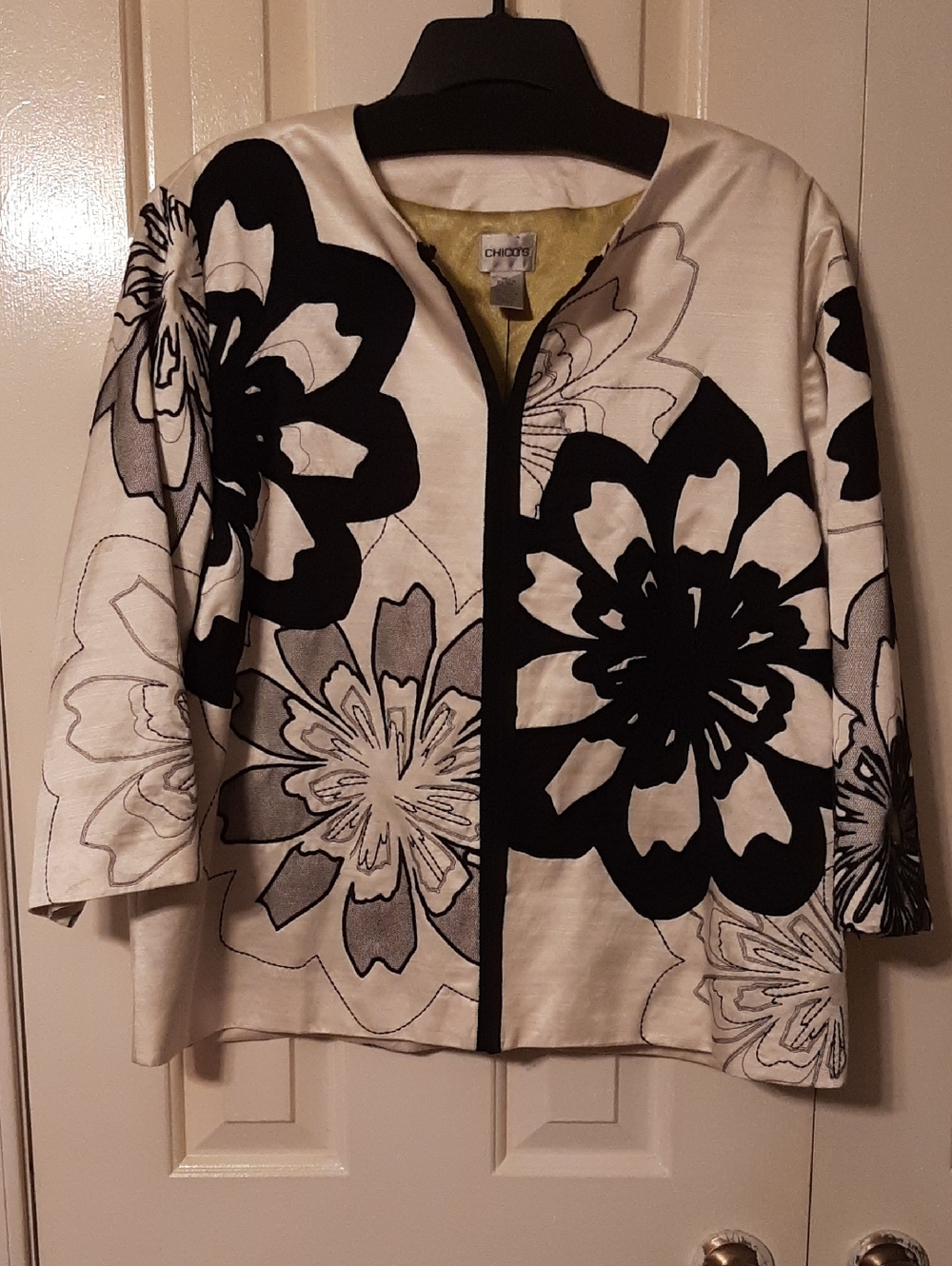 Chico's White Jacket with Black & Gray Floral Appliqué